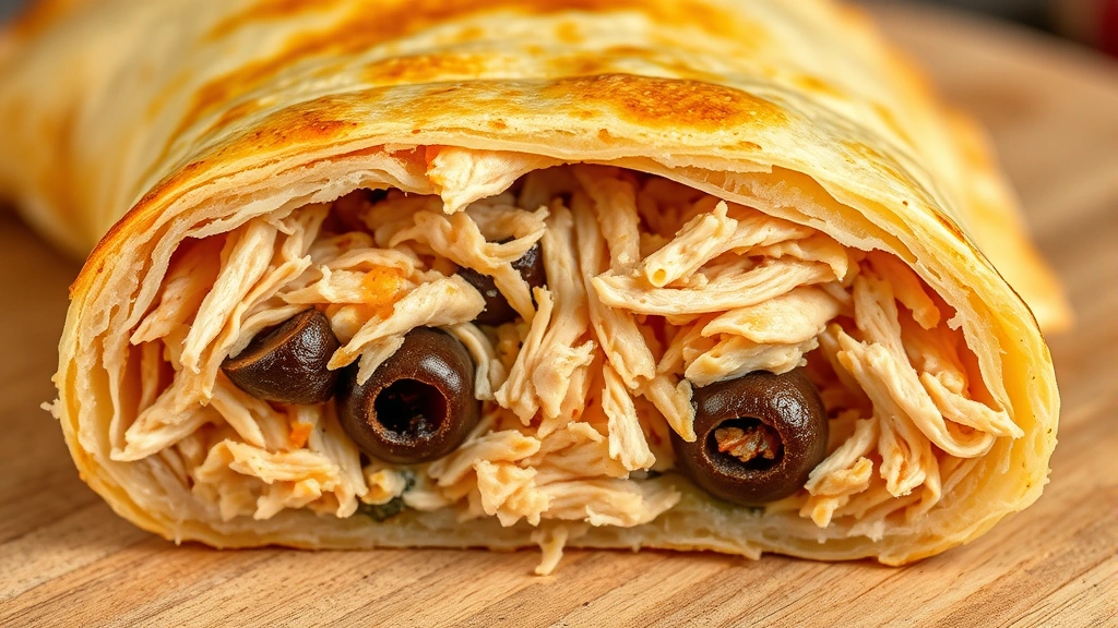 detail: cross-section of sliced empanada showing shredded chicken filling with olives and peppers, photorealistic, close-up macro shot, natural light, no text