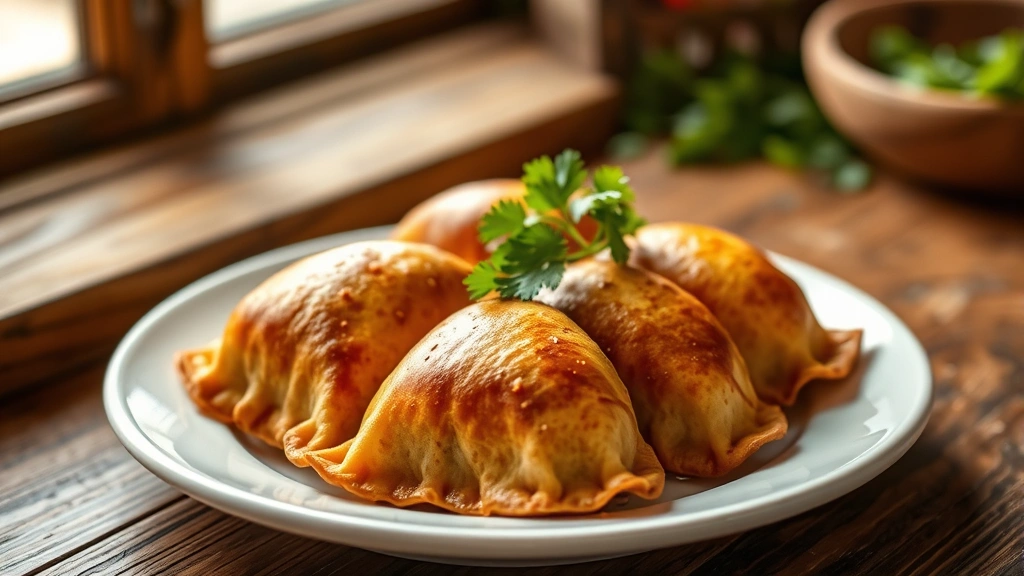 hero: golden-brown chicken empanadas on white plate, fresh cilantro garnish, warm natural window light, shallow depth of field, rustic wooden table background