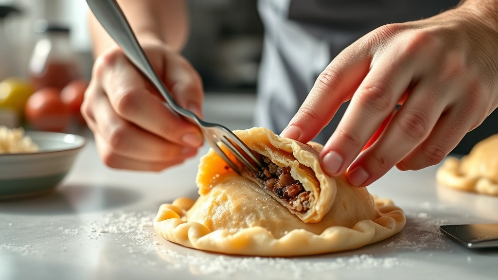process: hands crimping empanada edges with fork, pastry and filling visible, bright kitchen counter, soft natural daylight, close detail shot