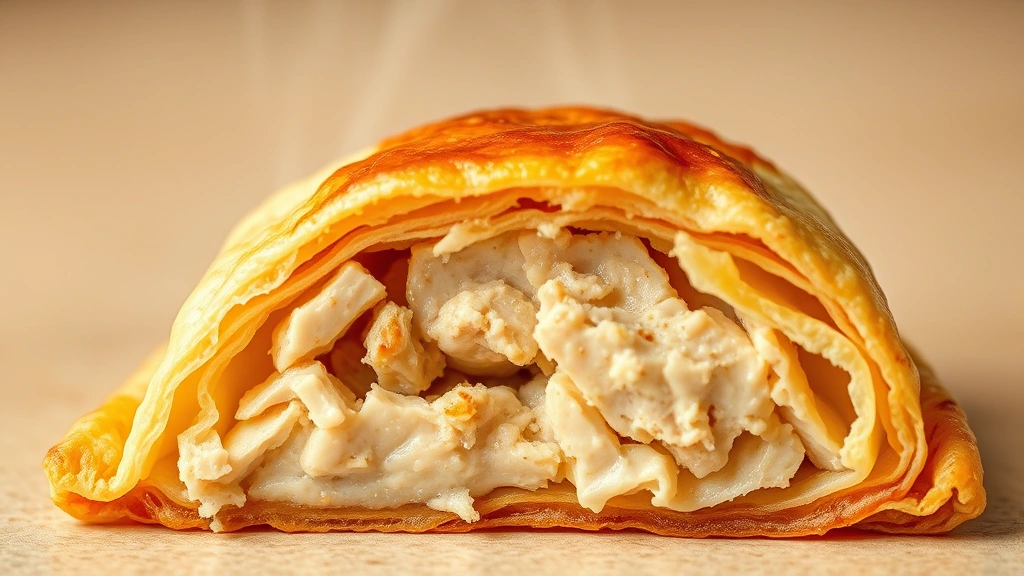 detail: cross-section of cooked empanada showing flaky layers and chicken filling inside, steam rising, macro photography, warm overhead lighting, isolated on neutral background