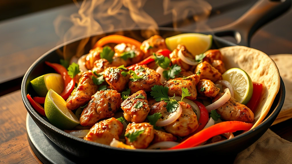 hero: sizzling chicken fajita strips on a hot cast iron skillet with bell peppers and onions, warm steam rising, garnished with fresh cilantro, lime wedges, and warm tortillas on the side, photorealistic, golden hour lighting, vibrant colors, no text