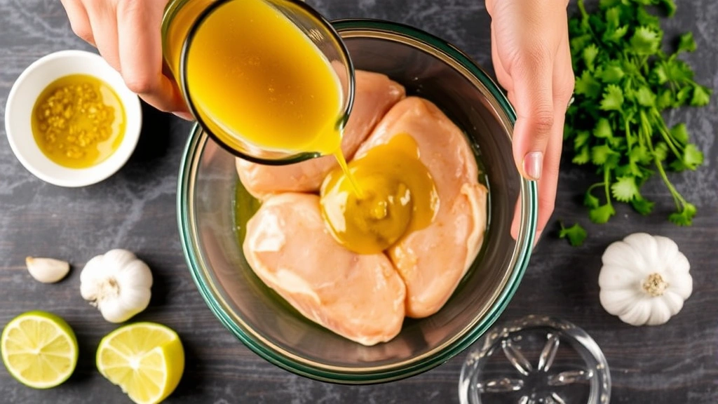 process: hands pouring golden marinade over raw chicken breasts in a glass bowl, fresh lime halves and garlic cloves scattered nearby, cilantro sprigs visible, photorealistic, natural kitchen lighting, no text