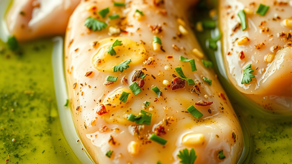 detail: close-up of seasoned raw chicken marinating in bright lime-green marinade with visible garlic, cilantro, and spice specks, photorealistic, macro photography style, shallow depth of field, no text