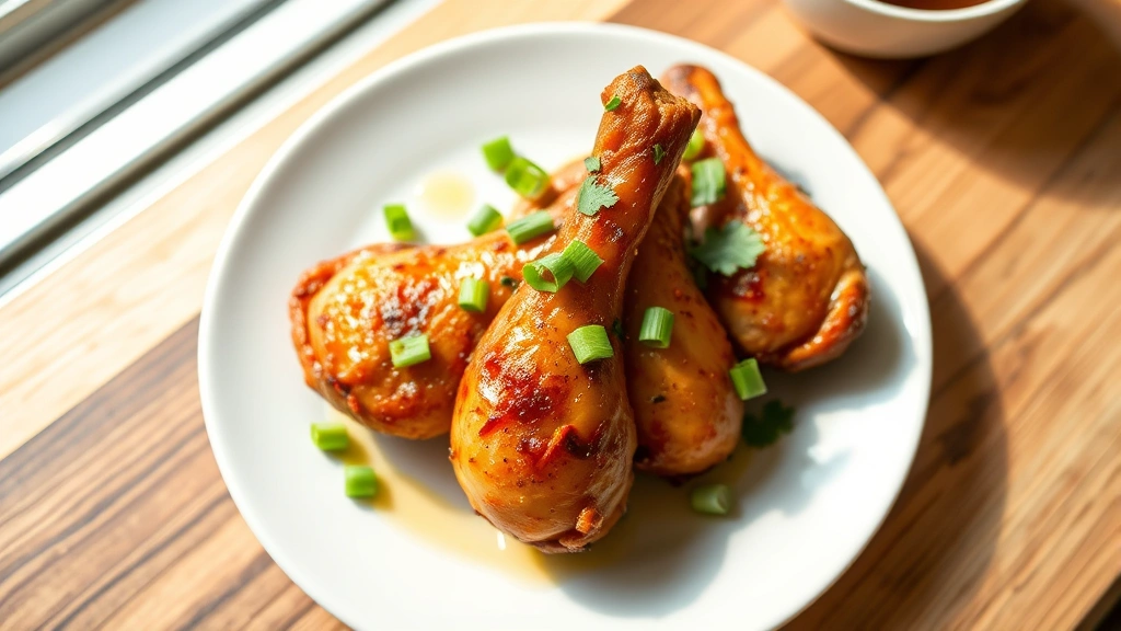 hero: golden-brown seared chicken feet on white plate with fresh scallions and cilantro garnish, glossy butter coating, natural window light, overhead shot, elegant plating