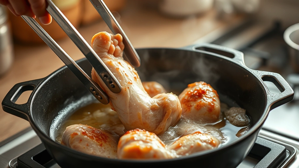 process: sizzling chicken feet in cast iron skillet with foaming brown butter, tongs lifting one foot, steam rising, warm kitchen light, action shot