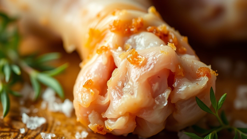 detail: close-up of single chicken foot showing crispy golden skin and tender meat texture, fleur de sel crystals visible, fresh herbs scattered around, macro photography, shallow depth of field