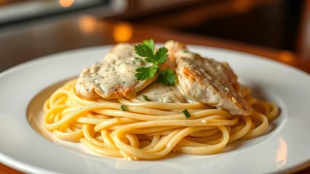 hero: elegant chicken fettuccine with creamy sauce, fresh parsley garnish, on white plate, warm golden lighting, restaurant style presentation, no text