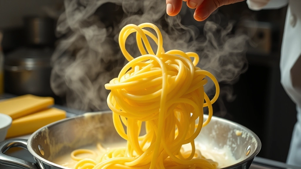 process: chef tossing fettuccine with cream sauce in stainless steel skillet, steam rising, butter melting, intimate kitchen lighting, action shot, no text