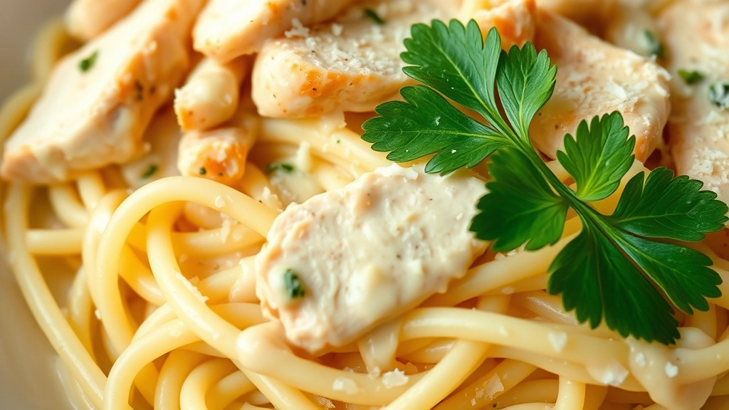 detail: close-up of fettuccine noodles coated in creamy Alfredo sauce with sliced chicken, parmesan shavings, parsley leaf, shallow depth of field, no text