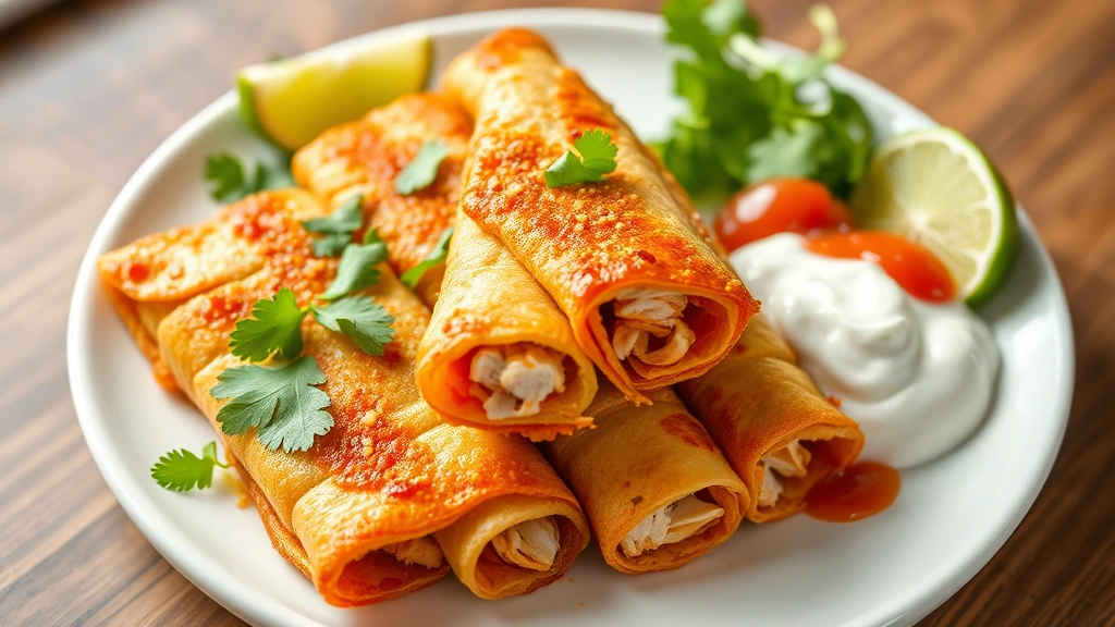 hero: golden crispy chicken flautas arranged on a white plate with fresh cilantro, lime wedges, salsa, and sour cream on the side, photorealistic, natural daylight from left, shallow depth of field, no text