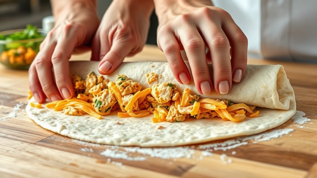 process: hands rolling a flour tortilla with chicken and cheese filling, mid-roll, photorealistic, natural kitchen lighting, close angle, no text