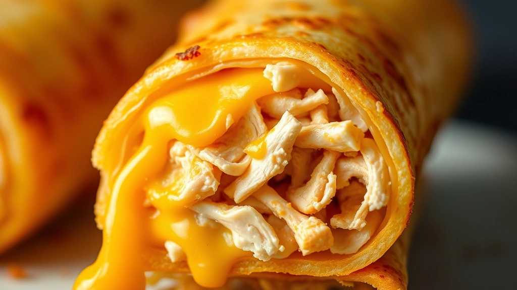 detail: cross-section of a fried flauta showing melted cheese and shredded chicken filling inside the golden crispy tortilla exterior, photorealistic, macro photography with natural light, no text