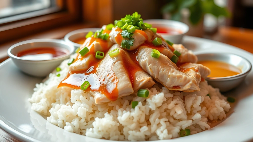 hero: beautiful plated Hainanese chicken rice with poached chicken pieces on fluffy white rice, ginger-scallion sauce drizzled on top, fresh cilantro and scallions garnish, three small bowls of sauces visible, warm natural window light, shallow depth of field, appetizing and inviting