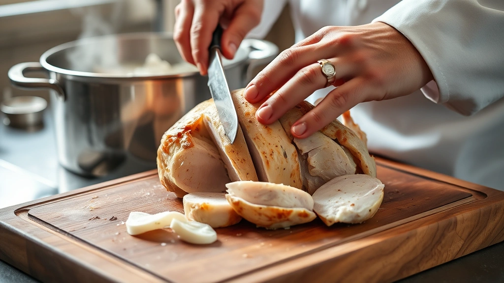 process: chef's hands slicing cooked whole chicken on wooden cutting board, steam rising, poaching liquid visible in background pot, natural kitchen light, close-up action shot, showing proper technique