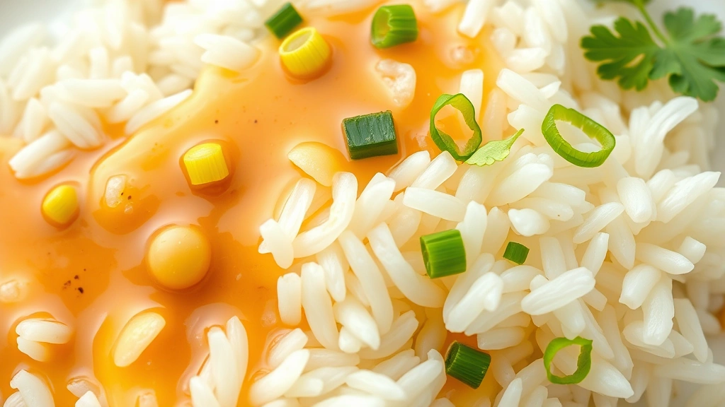 detail: close-up macro shot of fluffy jasmine rice with visible coconut milk coating, fresh ginger-scallion sauce pooling on rice, garnished with green scallion rings and cilantro, natural diffused lighting highlighting texture