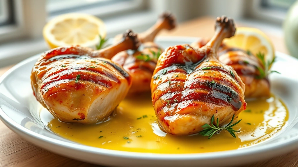 hero: beautifully seared chicken hearts glistening with buttery sauce and fresh herbs, plated elegantly on white ceramic, natural window light, shallow depth of field, garnished with fresh thyme and lemon