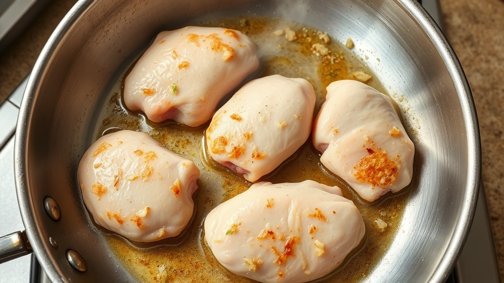 process: stainless steel skillet with chicken hearts searing, golden brown crust forming, pan sizzling, garlic and herbs visible, steam rising, natural kitchen lighting, top-down angle