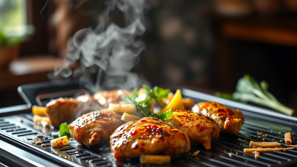 hero: chicken hibachi with vegetables on griddle, butter sauce glistening, steam rising, professional food photography, natural window light, shallow depth of field, no text