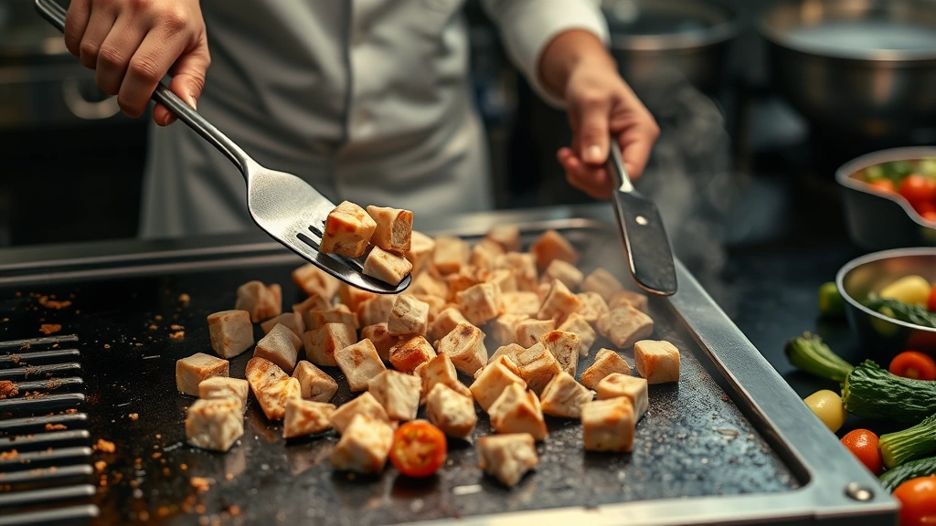 process: chef flipping chicken cubes on hot griddle with metal spatulas, vegetables cooking nearby, high heat action shot, photorealistic, professional lighting, no text