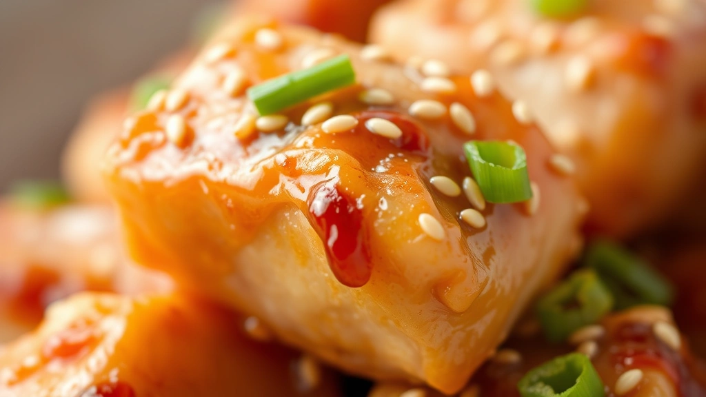 detail: close-up macro shot of golden-brown chicken cube with caramelized edges, butter and sauce coating visible, sesame seeds and green onion garnish, professional food photography, natural light, no text