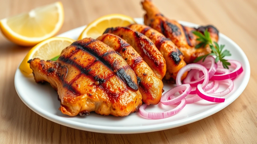 hero: golden-brown grilled chicken inasal on white plate with calamansi wedges and pickled red onions, photorealistic, natural daylight, no text