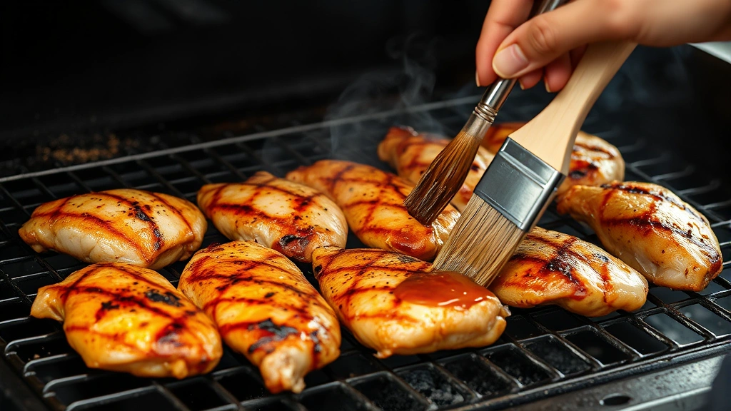 process: chicken pieces on charcoal grill with char marks and smoke, chef basting with marinade brush, photorealistic, natural light, no text