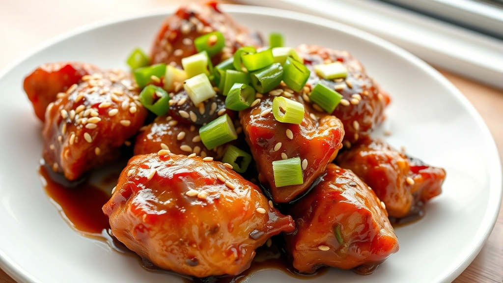 hero: Korean barbecue chicken glazed with sesame seeds and green onions on white plate, photorealistic, natural window light, no text