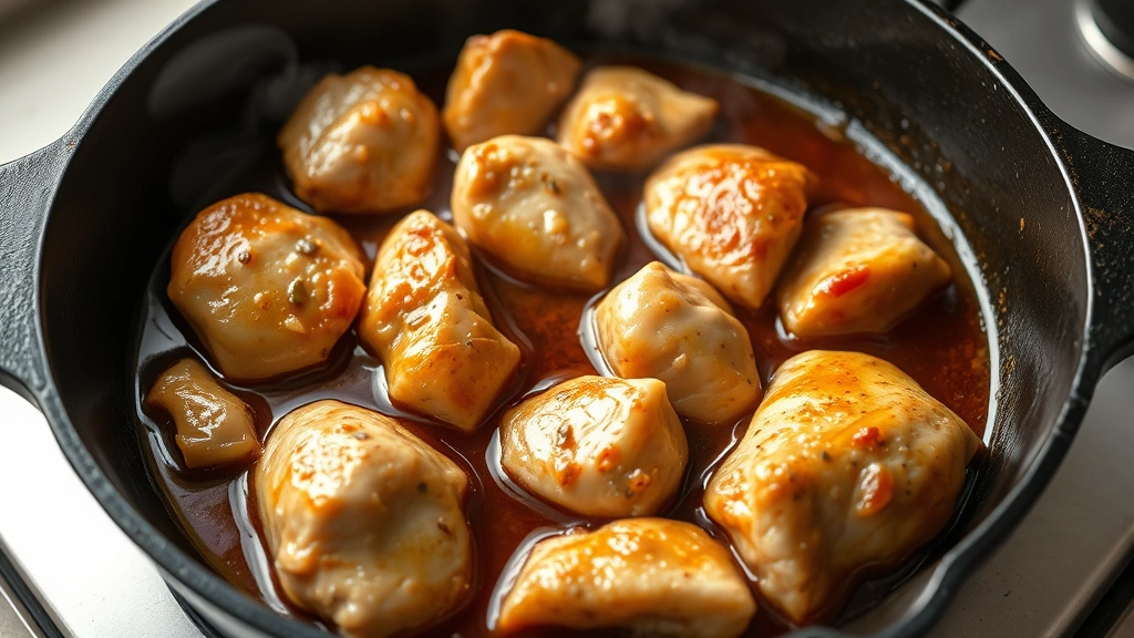 process: chicken pieces sizzling in cast iron skillet with glossy brown sauce and steam rising, photorealistic, natural light, no text