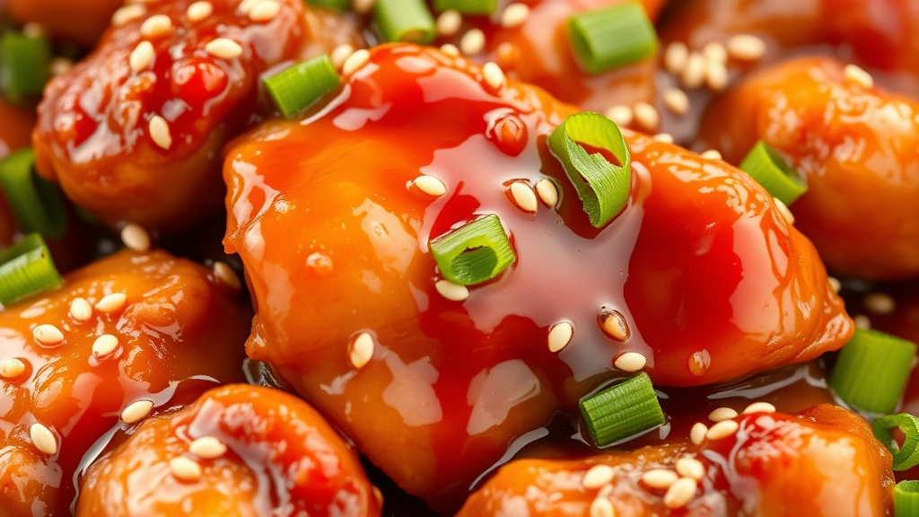 detail: close-up of caramelized chicken with glistening sauce, sesame seeds, and green onion garnish, photorealistic, natural light, no text