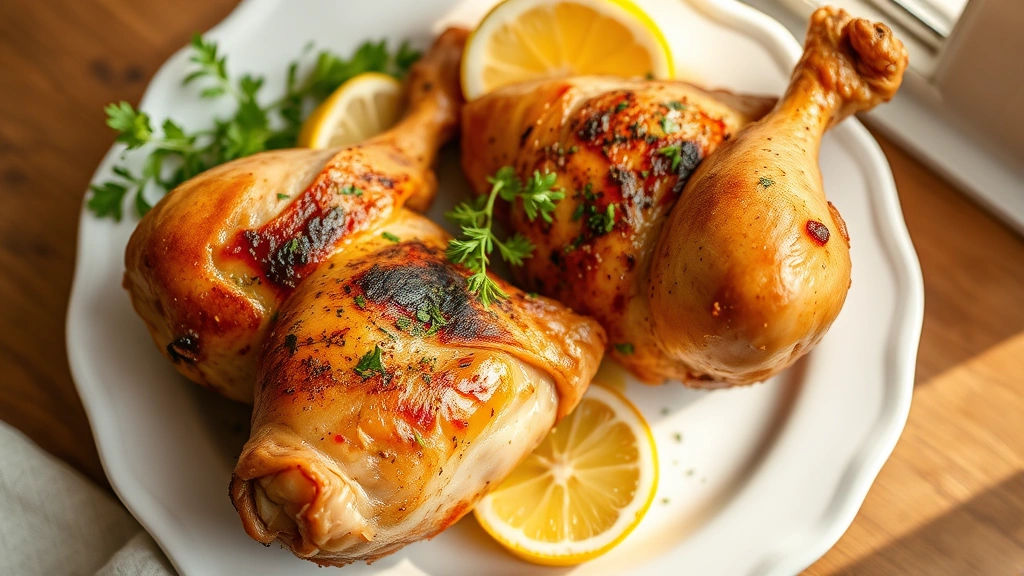 hero: Golden-brown roasted chicken leg quarters with crispy skin, fresh herbs, and lemon wedges on a white ceramic plate, warm natural window light, overhead shot, professional food photography