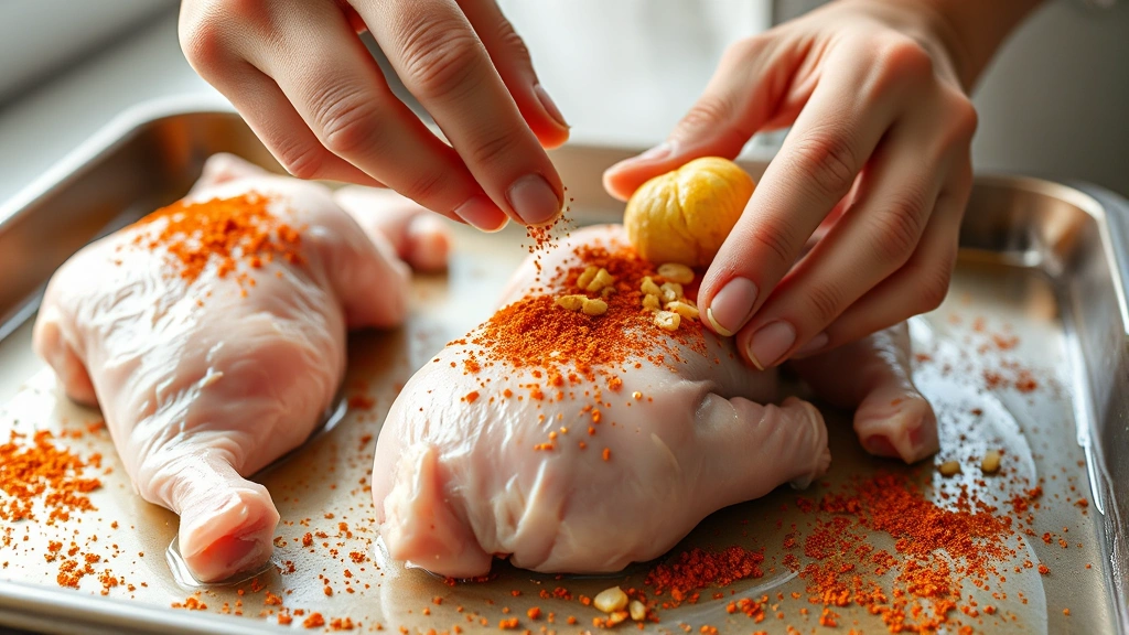 process: Seasoning raw chicken leg quarters on a baking sheet with paprika and garlic, hands visible, natural daylight from window, close-up angle