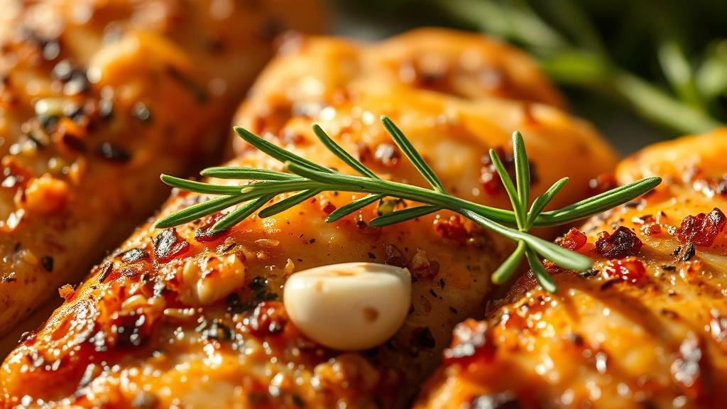 detail: Crispy golden chicken skin with fresh rosemary sprigs and garlic cloves, extreme close-up macro photography, warm afternoon light, shallow depth of field