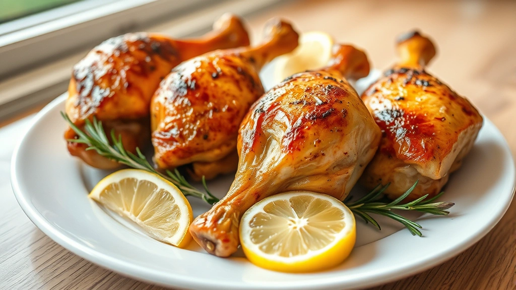 hero: Four golden-brown roasted chicken leg quarters on a white plate, crispy skin glistening, fresh rosemary and lemon wedges as garnish, natural window light, shallow depth of field