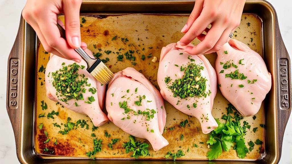 process: Hands brushing herb-garlic mixture onto raw chicken leg quarters on a baking sheet, vibrant green herbs visible, bright kitchen lighting, overhead angle