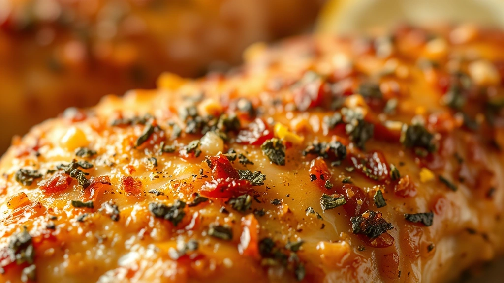 detail: Close-up of crispy golden chicken skin with herb crust, steam rising, fresh lemon zest visible, shallow focus on the texture