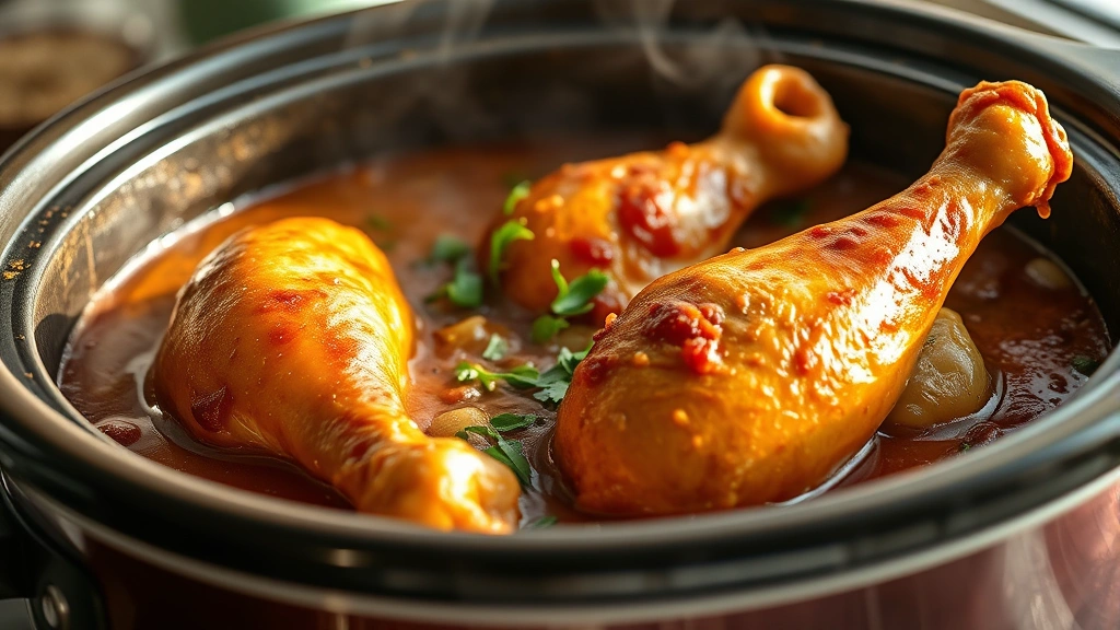 hero: golden brown chicken legs in rich brown sauce with fresh herbs, slow cooker pot visible, photorealistic, natural daylight from window, no text, appetizing steam rising