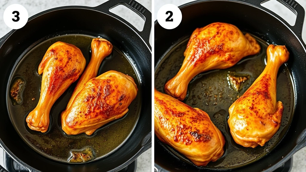 process: searing chicken legs in cast iron skillet with oil, golden crust forming, photorealistic, natural kitchen lighting, no text