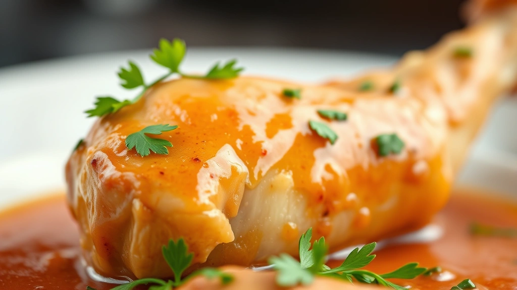 detail: close-up of tender chicken leg meat with glossy sauce and fresh parsley garnish, photorealistic, natural light, no text, shallow depth of field