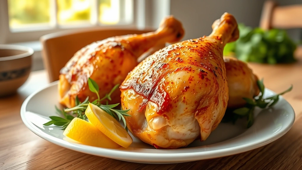 hero: golden roasted chicken legs with crispy skin on white plate, fresh herbs and lemon slices, natural window light, shallow depth of field, farmhouse table background