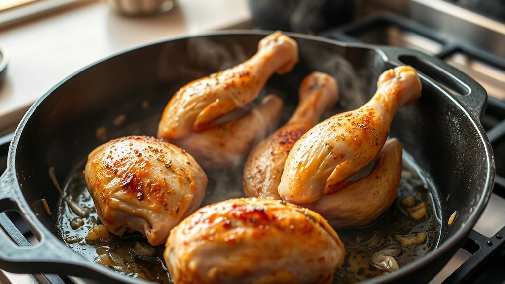 process: chicken legs sizzling in cast iron skillet on stovetop, golden brown skin, garlic and herbs visible, steam rising, warm natural kitchen light