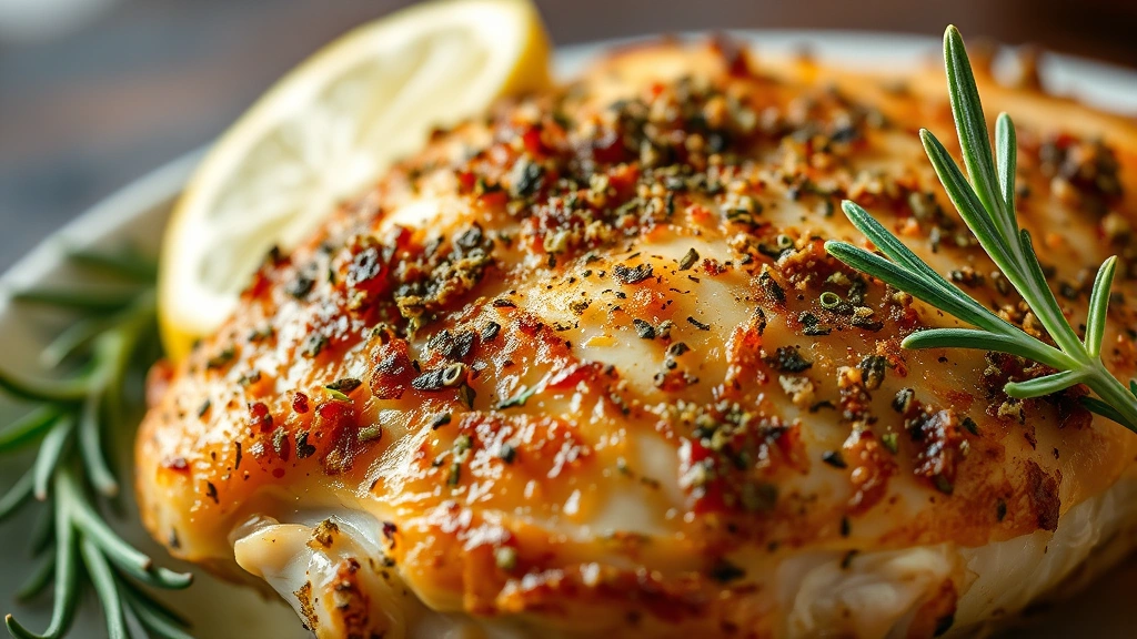 detail: close-up of perfectly crispy chicken skin with herb crust, lemon wedge, fresh rosemary sprigs, macro photography, soft natural light, blurred background