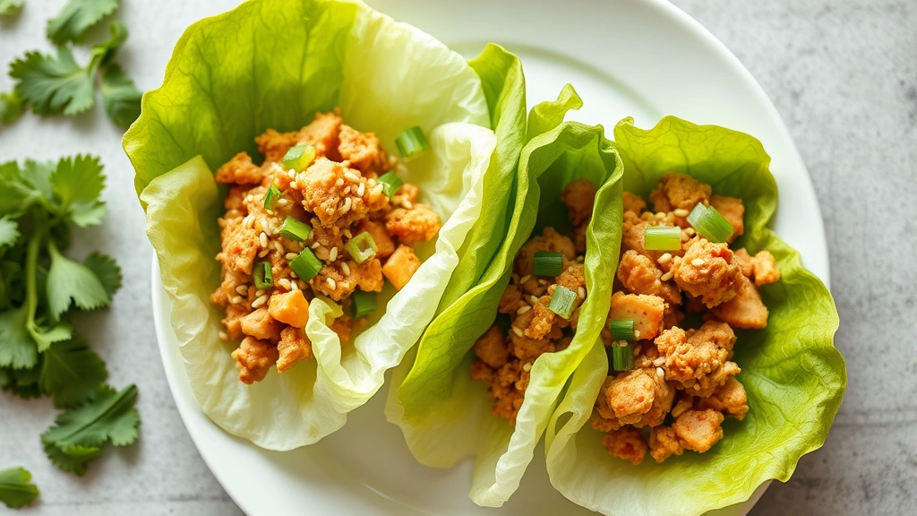 hero: overhead shot of assembling chicken lettuce wraps with crispy lettuce cups filled with seasoned ground chicken, topped with sesame seeds and green onions, photorealistic, natural window light, no text, styled on a white plate