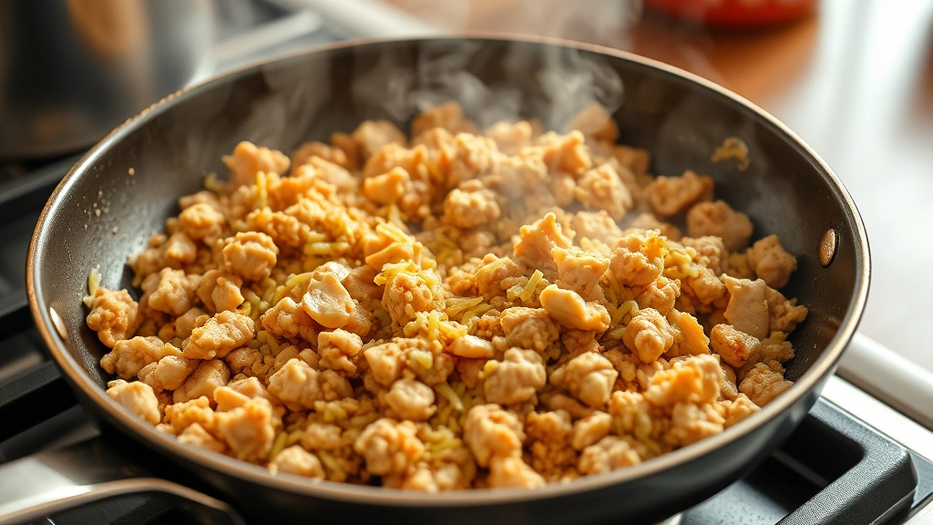 process: stovetop skillet with golden-brown ground chicken being stirred with aromatic garlic and ginger, steam rising, photorealistic, warm kitchen lighting, no text