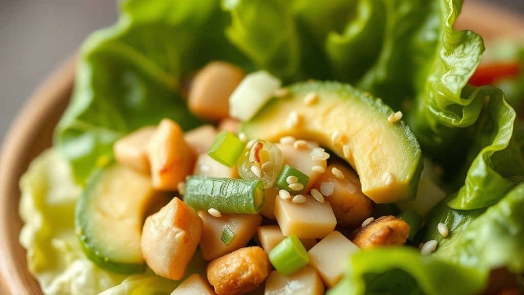 detail: close-up macro shot of a single assembled lettuce wrap with visible water chestnuts, green onions, sesame seeds, and creamy avocado slice, photorealistic, soft natural light, no text, shallow depth of field