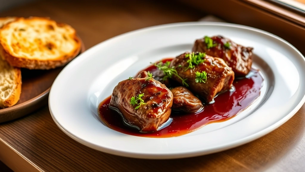hero: seared chicken livers in silky wine reduction sauce on white plate, garnished with fresh thyme and parsley, crusty bread beside, golden lighting from side window, no text
