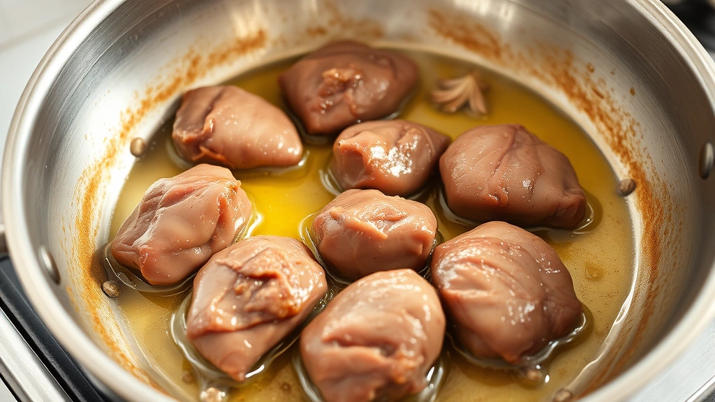 process: searing chicken livers in butter in stainless steel skillet, golden crust forming, fresh shallots and garlic visible, steam rising, natural kitchen light, no text