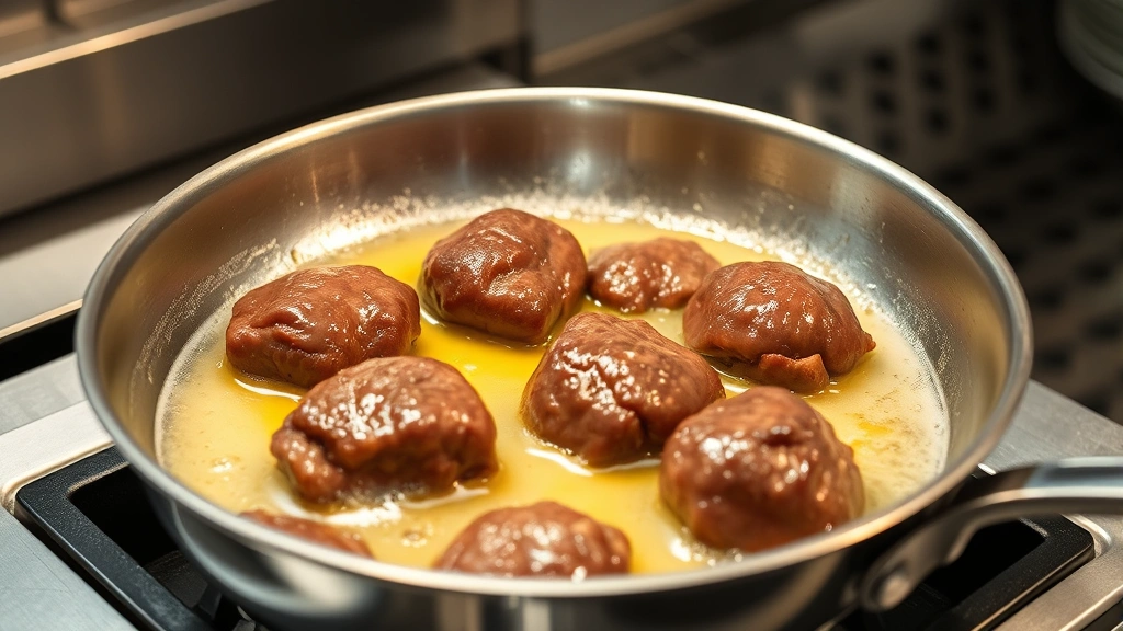 process: chicken livers searing in butter in a stainless steel skillet, golden crust forming, professional kitchen lighting, steam rising