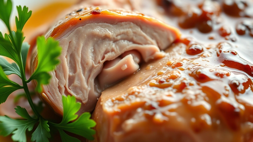 detail: close-up of perfectly cooked chicken liver cut in half showing creamy pink interior, with silky sauce coating, fresh parsley garnish, macro photography, natural light