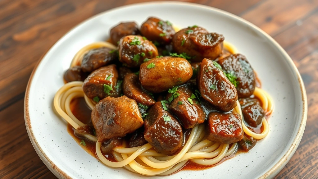 hero: plate of sautéed chicken livers in rich brown sauce with fresh herbs, served over creamy pasta, photorealistic, warm natural light, rustic plated presentation, no text