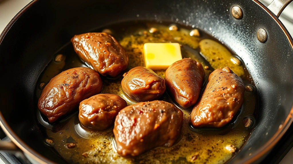 process: chicken livers being seared in a hot skillet with butter and oil, golden crust forming, photorealistic, bright kitchen lighting, no text